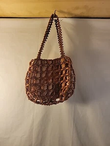 Beaded Boho Purse Wooden Beads Pink Silky Lining Vintage Handmade - Picture 1 of 14