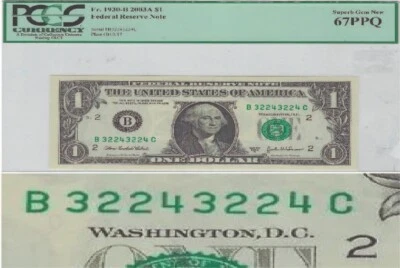 $1 FRN 2003A District 2 B PCGS67 FSN Double Repeater & Broken Ladder Gift U4Dz - Image 1 of 4