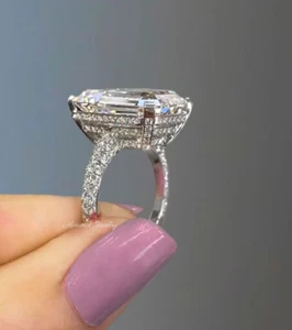 14.5CT Emerald Cut Moissanite Engagement Ring Silver Hidden Halo Wedding Jewelry - Picture 1 of 7