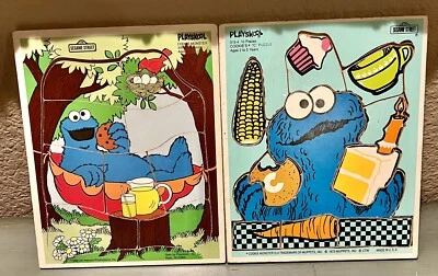 Lote De 2 1973 Playskool COOKIES PUZZLE 315-4 Bandeja Marco Madera Plaza Sésamo Foto 1 de 2