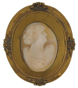 Antique Victorian Ornate Coral Shell Cameo Pin Brooch Floral Brass - Picture 1 of 9