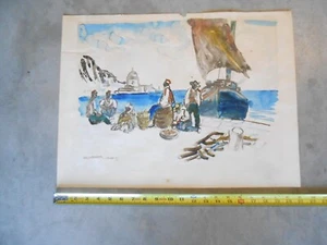 RARE ORIGINAL WATER COLOR HAND SIGNED ORIGINAL WATERCOLOR BOAT EUROPE 1960'S - Picture 1 of 9