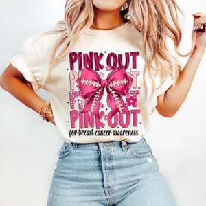 Football Pink Out Tee Breast Cancer Football T-shirt Pink Ribbon Game Day Mom - Picture 1 of 3