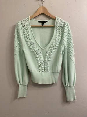BCBG Women's Size Medium Mint Green Cable-Knit V-Neck Sweater w/Pom-Pom Sleeve - Image 1 of 4