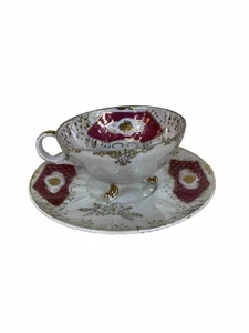Tazza da tè e piattino vintage Lustreware Giappone con piedi oro bordeaux - Foto 1 di 15