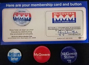 1972 George McGovern "Million Member Club" card/pin & (3) McGovern/Shriver pins