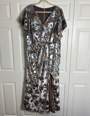 Vestido Adrianna Papell Para Mujer 18W Taupe Terciopelo Lámina Floral Vestido Abertura Lateral Maxi Foto 1 de 4