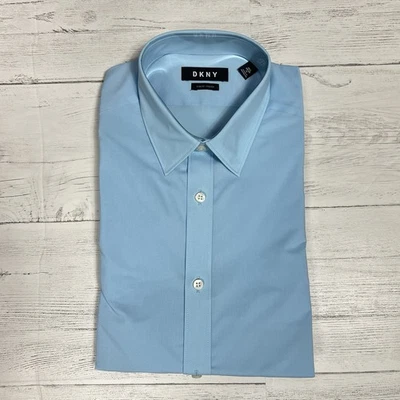 DKNY Mens Sz M Slim Fit Stretch Dress Shirt 15.5 34/35 Blue Pool Non-Iron LS New - Image 1 of 4