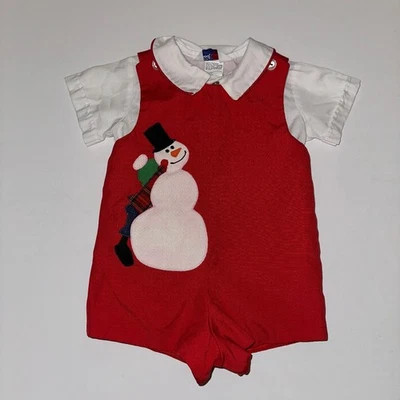 Pagliaccetto rosso vintage ragazzo 12M camicia bianca PUPAZZO DI NEVE APPLICATO vestito buon ragazzo USA - Immagine 1 di 4