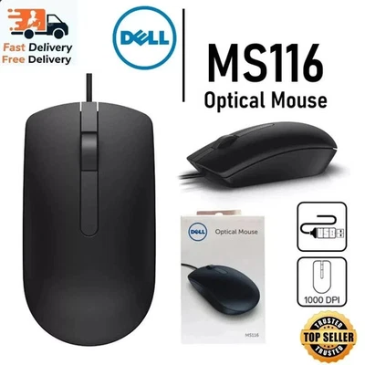 NEW DELL MOUSE MS116 USB WIRED-BLACK-SCROLL WHEEL 3 BUTTON uk - Image 1 of 4