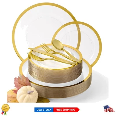 Elegante juego de vajilla de Acción de Gracias de 150 piezas - platos transparentes y dorados para 25 invitados Foto 1 de 4