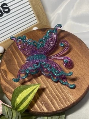 "Pinza de pelo grande brillante mariposa - púrpura y verde azulado brillante - 4""" Foto 1 de 3