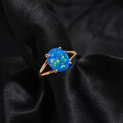 Natural Ethiopian Opal Oval Ring Solid Silver Gold Plated Delicate Jewelry - Image 1 of 4