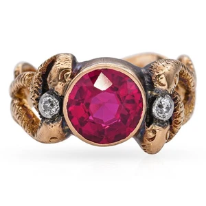 Antique Yellow Gold Created Ruby and Diamond Snake Ring - Picture 1 of 6