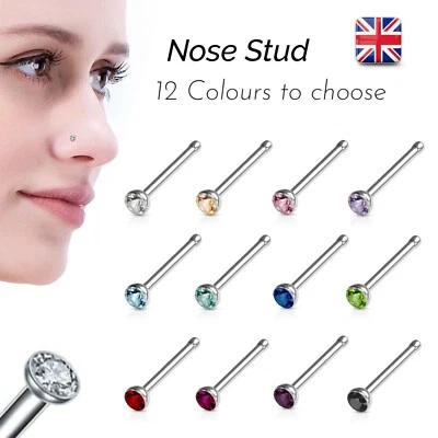 2mm Nose Ring Stud Pin Piercing 12 Colours Zircon Gem 20G Short Silver 7mm Bone - Image 1 of 4