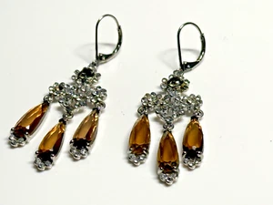 Vintage Avon Earrings Nina Ricci Chandelier Silver Tone Metal Cognac Crystal - Picture 1 of 10