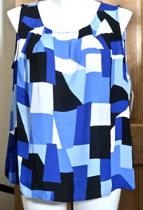 New w $69 Tag Size 2X Nine West Blue Geometric Sleeveless Chiffon Blouse - Picture 1 of 11