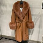 Women's Trench Coat Long Sheepskin Leather Jacket With Real Fur Collar Cuff33636