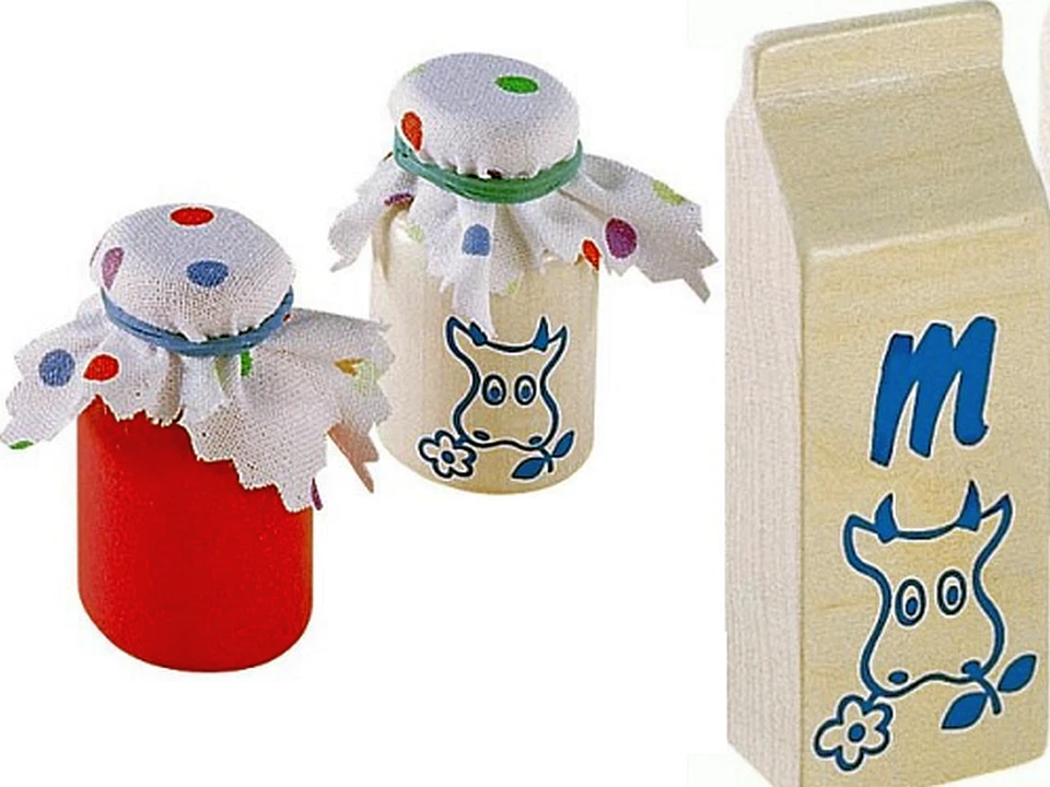 HABA 1388 & 1395 Milch Marmelade Joghurt klein aus Holz für Kaufladen + BONUS - Bild 1 von 1