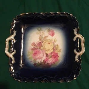 ANTIQUE VINTAGE 10 INCH SQUARE SERVING BOWL BLUE PINK ROSES YELLOW DOUBLE HANDLE - Picture 1 of 1