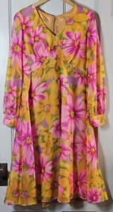 VTG Cottagecore Dress Women's 36"Chest Gold Olive Pink Floral Sheer Sleeves  - Picture 1 of 24