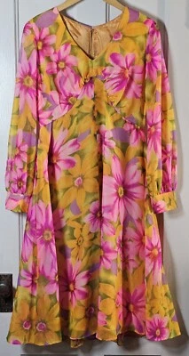 Vestido Cottagecore De Colección Para Mujer 36" Pecho Dorado Rosa Oliva Floral Mangas Transparentes  Foto 1 de 4