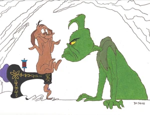 Dr. Seuss Drawing GRINCH & MAX ~Sewing In Cave~ Original Signed Art  🏅 - Picture 1 of 8