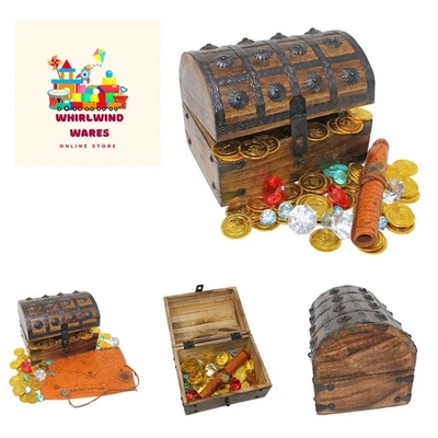 Wooden Pirates Treasure Chest Box Pirate Treasure Map and Gold Coins/Gems - Image 1 of 4