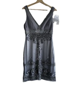 Sue Wong Nocturne Gray Silver Beaded V Neck Dress Sz. 8 NWT! - Picture 1 of 9