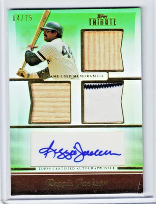 2011 TOPPS TRIBUTE REGGIE JACKSON Triple Relic AUTO /75 NEW YORK YANKEES - Image 1 of 2