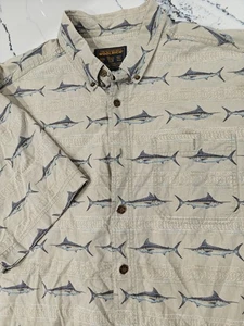 Vintage Y2K Woolrich Shirt Mens 3XL Tall Beige SwordFish Print Button Up Outdoor - Picture 1 of 9