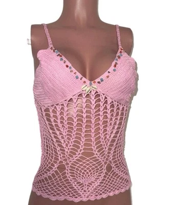 Y2K Baby Pink Crochet Beaded Seashell Lined Bust V-neck Cami Top S Femme Glam 2k - Image 1 of 3