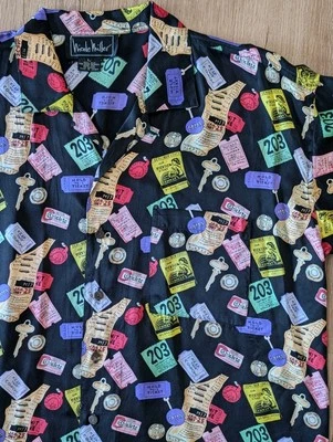 Camisa 100% Seda Unisex L Vintage Años 90 Nicole Miller "COAT CHECK" Foto 1 de 4