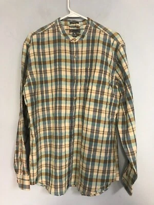 Eddie Bauer Men's Grandad-Collar Linen Shirt Plaid Long Sleeve Size Medium - Image 1 of 4