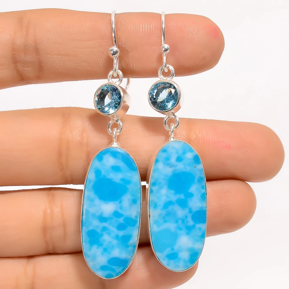 Pendientes de plata 925 con piedras preciosas de topacio azul Larimar joyería de moda 2,4" ARE-4037 Foto 1 de 1