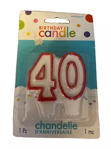 Amscan Classic No.40 Glittery Birthday Candle White/Red 2.75" x 2.4" - Picture 1 of 2