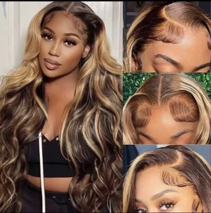 Jayes Brown Highlights Human Hair 13x4 Lace Front 180 Density Brazilian Wig - Picture 1 of 3