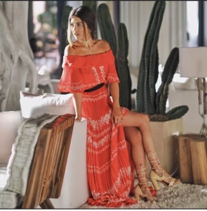 Self-Portrait Red Off Shoulder Pleated Maxi Dress Size US 4 - Picture 1 of 11