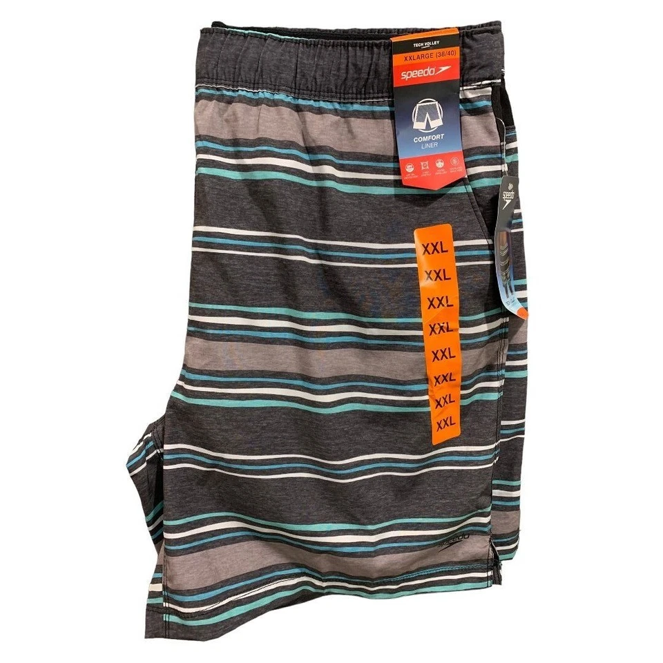 Speedo Swim Trunks Mens 2XL Gray Striped Volley Liner Swimwear Lake Pool Beach