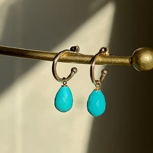 14K Yellow Gold Teardrop Briolette Turquoise Charm Hoop Earrings Interchange - Picture 1 of 10