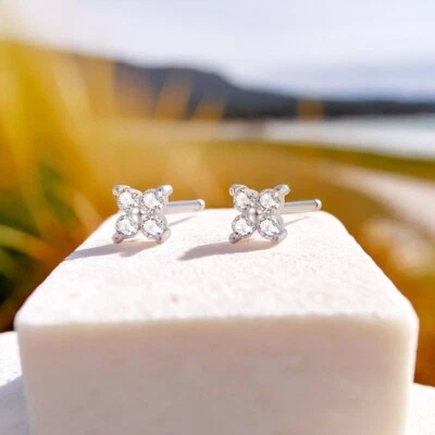 Small Flower Stud Earrings with Cubic Zirconia, 5x5mm, Four Leaf Clover Stud. - Image 1 of 4
