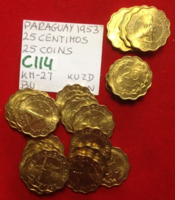 #C114 Paraguay; 25 Coins from Mint Bag; 25 Centimos 1953  KM#27  BU - Image 1 of 2