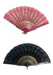 2 Pcs. Ladies Pink & Black Lace Peacock Pattern Sequin Fabric Hand Fan 13021 - Picture 1 of 7