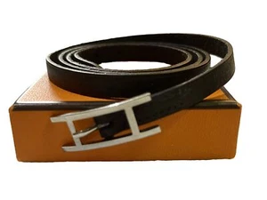 Hermes Vintage Hapi Wrap Bracelet Brown Leather Palladium Plated H Buckle L28 In - Picture 1 of 7