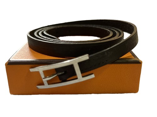 HERMÈS Bracciale Hermes Vintage Hapi Wrap Marrone Pelle Placcato Palladio Fibbia H L28 In