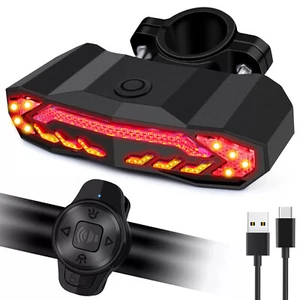 LED USB Rechargeable Bike Tail Light Set Remote Turn Signals Brake Bicycle Alarm - Picture 1 of 18