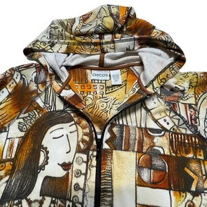 Chicos Hooded Jacket sz 1 Womens Small Geometric Picaso-look Cotton Full Zip - Picture 1 of 10