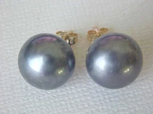 11.5MM GENUINE GRAY PEARL STUD EARRINGS SOLID 14K YELLOW GOLD - Picture 1 of 3