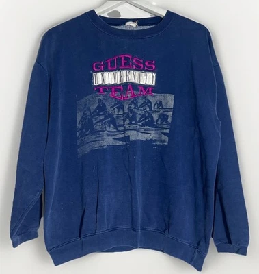 Винтажный свитшот 90-х Guess Jeans США с круглым вырезом синий с вышивкой размер L - Изображение 1 из 4