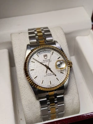 Reloj automático para hombre Tudor Prince fecha día esfera de lino blanco 76213 36 mm Foto 1 de 4